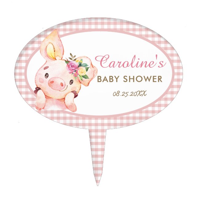 Cute Pig Pink Floral Baby Shower Birthday Gingham Cake Topper (Front)