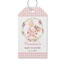 Cute Pig Pink Floral Baby Shower Birthday Gingham Gift Tags