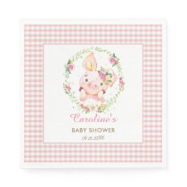 Cute Pig Pink Floral Baby Shower Birthday Gingham Napkins