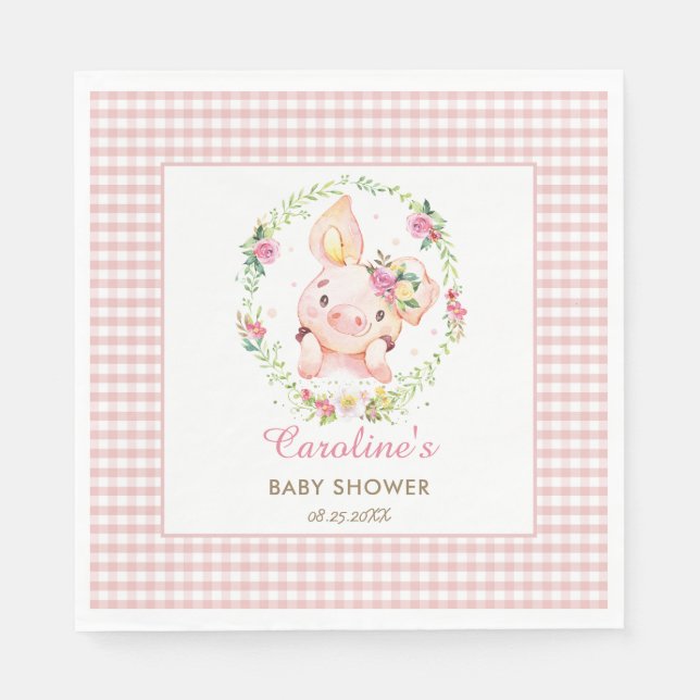 Cute Pig Pink Floral Baby Shower Birthday Gingham Napkins (Front)