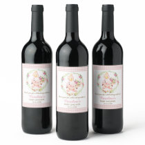 Cute Pig Pink Floral Baby Shower Birthday Gingham Wine Label