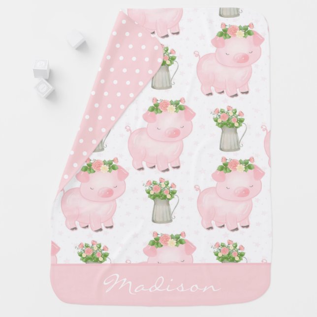 Cute Pig Pink Floral Pattern Monogram Baby Blanket (In Situ)