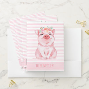 Cute Pig Pink Stripes Personalized Pocket Folder