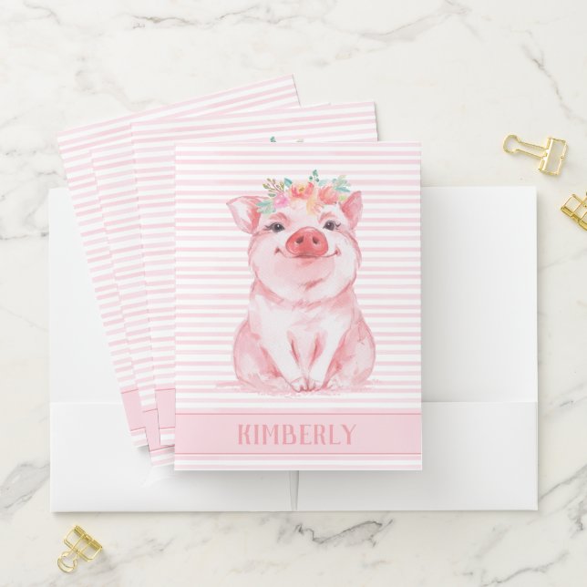 Cute Pig Pink Stripes Personalized Pocket Folder (In Situ)