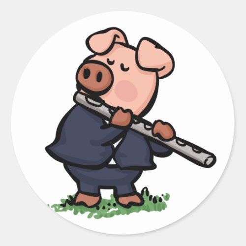 Cute Pig playing flute cartoon  choose back color Classic Round Sticker