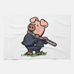 Cute Pig playing flute cartoon   choose back color Kitchen Towel