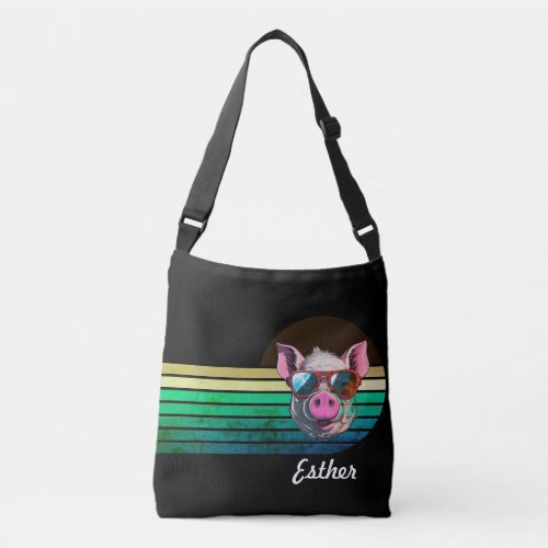 Cute Pig Retro Stripe Custom Name  Crossbody Bag