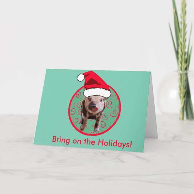 Cute Pig Santa - Teal and Red Holiday Card (Front)