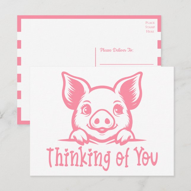 Cute Pig Thinking of You, Miss You, Pink Piglet Hi Postcard (Front/Back)