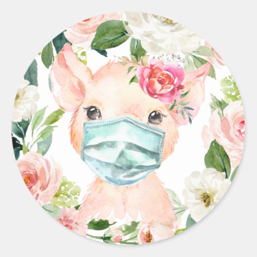 Cute Pig Wearing Mask with Blush Pink Flowers Classic Round Sticker