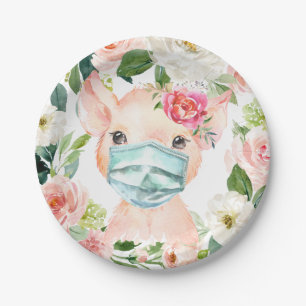 Cute Pig Wearing Protective Mask - Baby Shower Paper Plates
