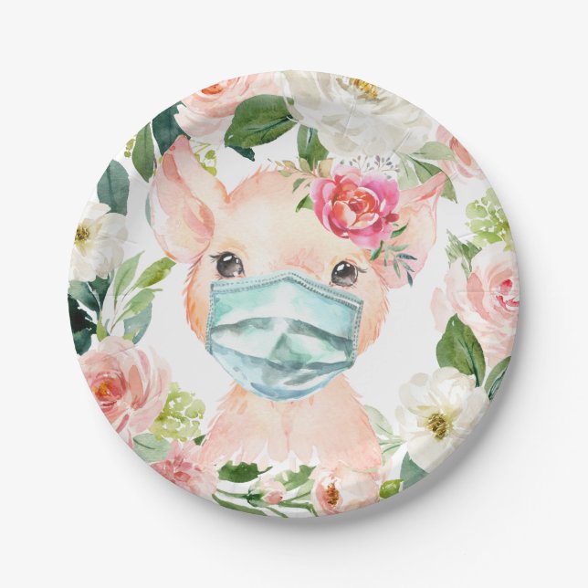 Cute Pig Wearing Protective Mask - Baby Shower Paper Plates (Front)