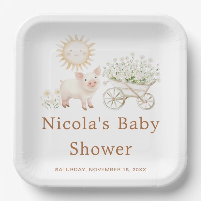 Cute Pig Wheelbarrow Baby Shower Baby Shower Paper Plates (Front)