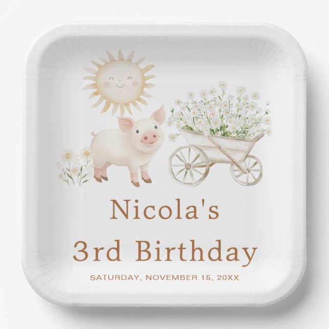 Cute Pig Wheelbarrow Birthday Paper Plates (Front)