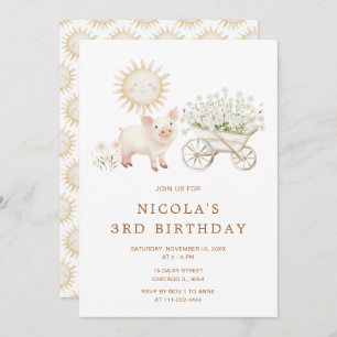 Cute Pig Wheelbarrow Birthday Party Invitation