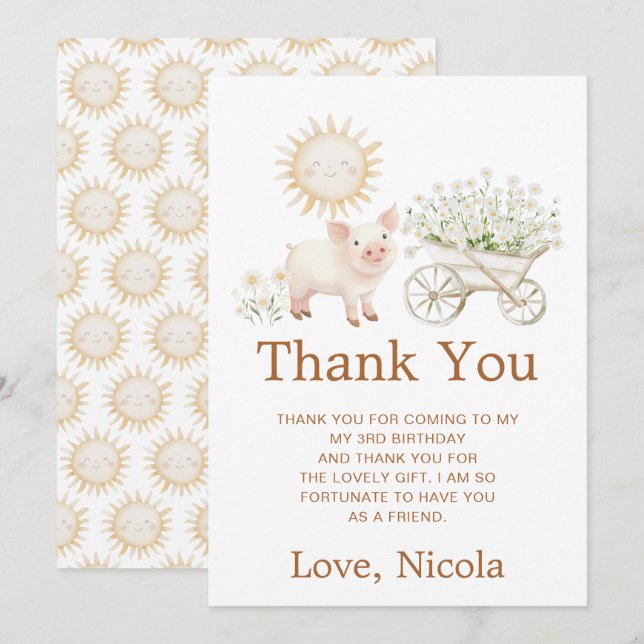 Cute Pig Wheelbarrow Birthday Thank You Card (Front/Back)