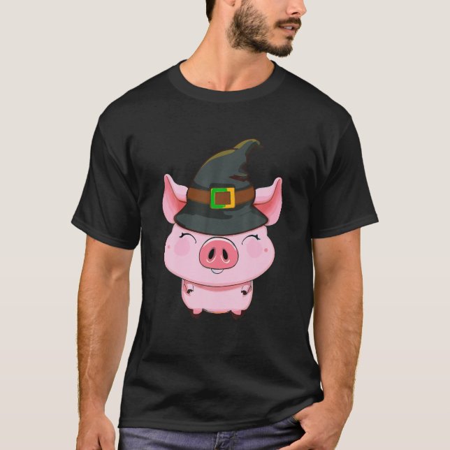 Cute Pig Witch Hat Pumpkin Farm Costume Halloween  T-Shirt (Front)