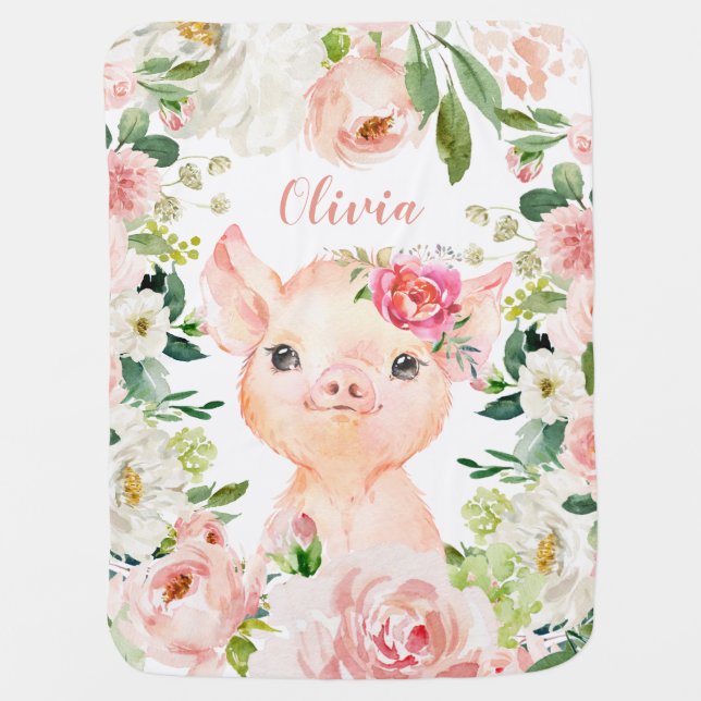Cute Pig with Blush Pink Flowers Baby Blanket (Front)