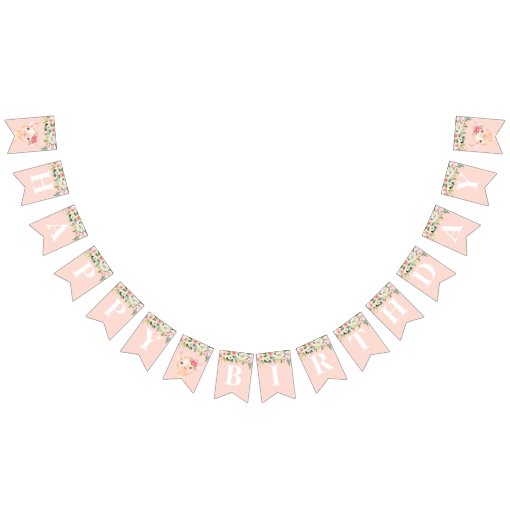 Cute Pig with Blush Pink Flowers Happy Birthday Bunting Flags | Zazzle