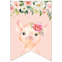 Cute Pig with Blush Pink Flowers Happy Birthday Bunting Flags
