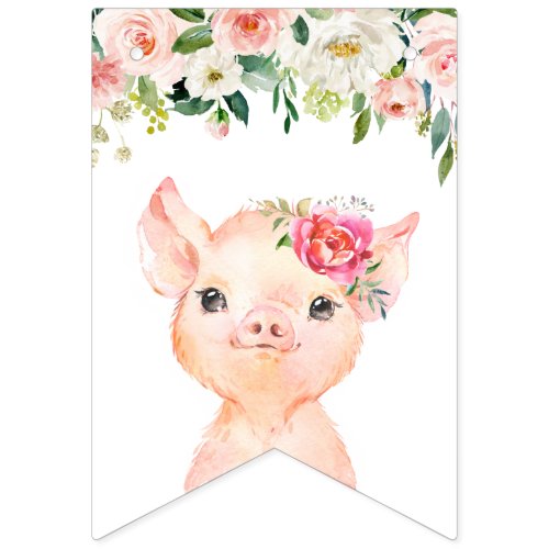 Cute Pig with Blush Pink Flowers Happy Birthday Bunting Flags