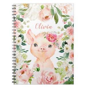 Cute Pig with Blush Pink Flowers Notebook