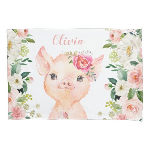 Cute Pig with Blush Pink Flowers Pillow Case
