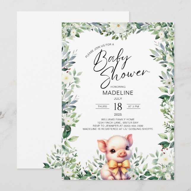 Cute Pig with Bow Baby Shower Invitation (Front/Back)