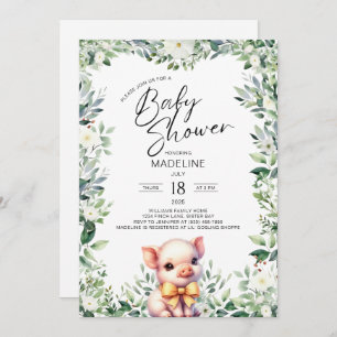 Cute Pig with Bow Baby Shower Invitation