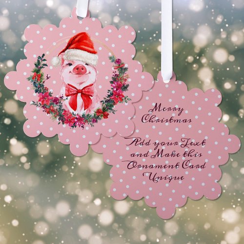 Cute Pig With Bow Wreath Polka Dots Pink Christmas Ornament Card