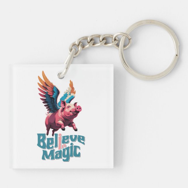 Cute Pig with Colorful wings | Believe in Magic  Keychain (Back)