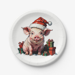 cute pig with gift boxes paper plates