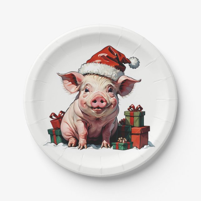 cute pig with gift boxes paper plates (Front)