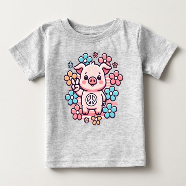 Cute Pig with Peace Sign & 70's Themed Flowers Baby T-Shirt (Front)