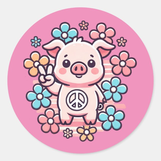 Cute Pig with Peace Sign & 70's Themed Flowers Classic Round Sticker (Front)
