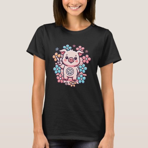 Cute Pig with Peace Sign  70s Themed Flowers T_Shirt