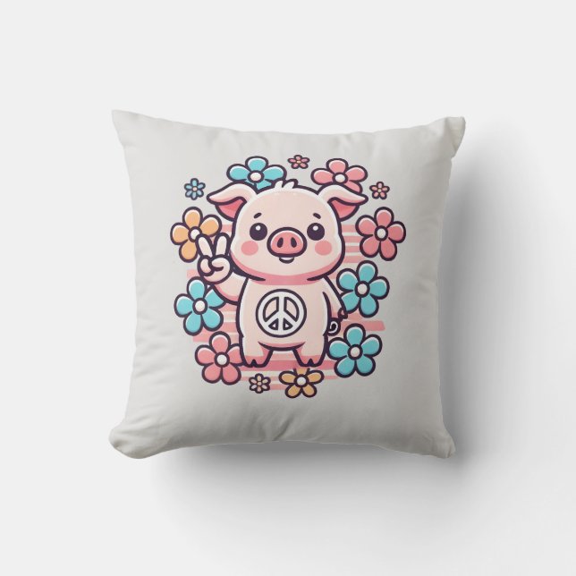 Cute Pig with Peace Sign & 70's Themed Flowers Throw Pillow (Front)