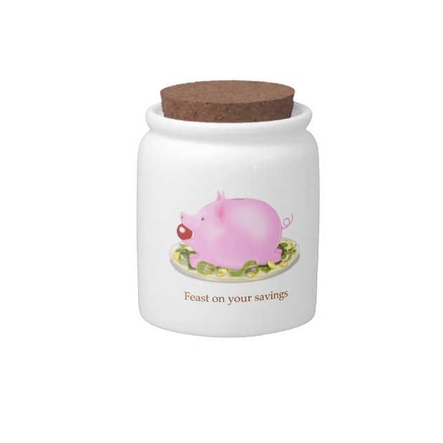 Cute Piggy Bank "Feast on your savings" Money Candy Jar (Front)