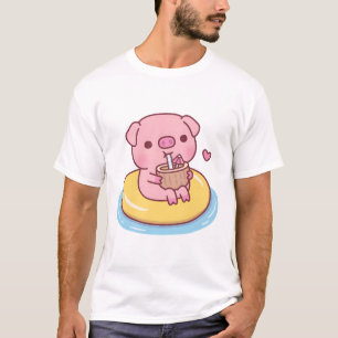 Cute Piggy Chilling On Pool Float And Drinking Coc T-Shirt