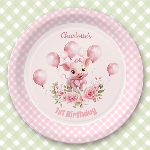 Cute Piggy Farm Animals Girl Pink 1st Birthday Paper Plates
