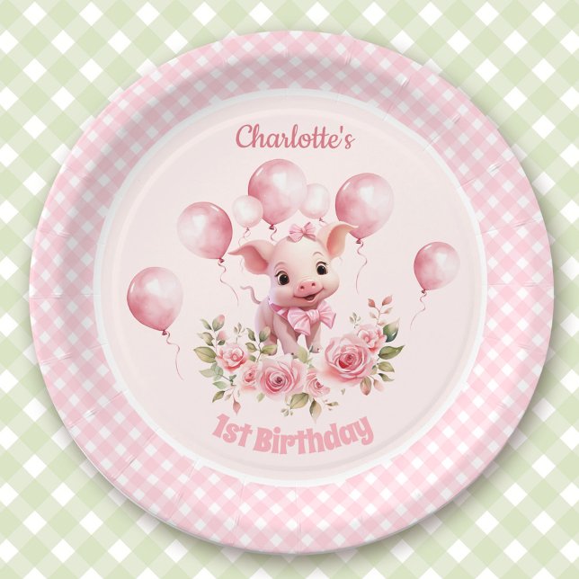 Cute Piggy Farm Animals Girl Pink 1st Birthday Paper Plates (Cute Piggy Farm Animals Girl Pink 1st Birthday Paper Plates)