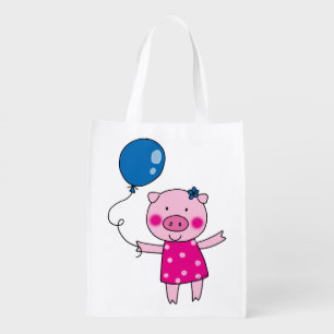 cute piggy girl with a blue balloon reusable grocery bag