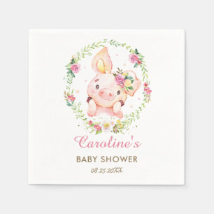 Cute Piggy Pig Pink Floral Baby Shower Birthday Napkins
