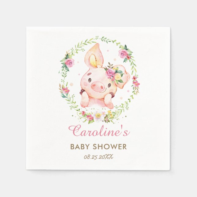Cute Piggy Pig Pink Floral Baby Shower Birthday Napkins (Front)
