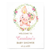 Cute Piggy Pig Pink Floral Baby Shower Welcome Poster