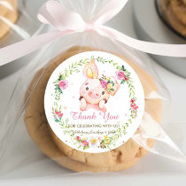 Cute Piggy Pink Floral Baby Shower Birthday Favor Classic Round Sticker