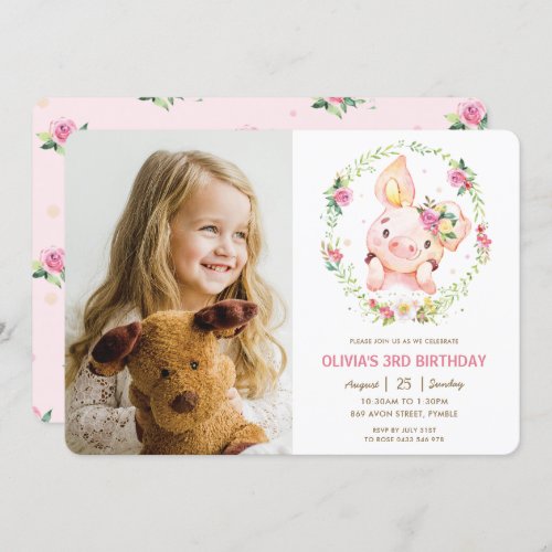 Cute Piggy Pink Floral Greenery Birthday Photo Invitation