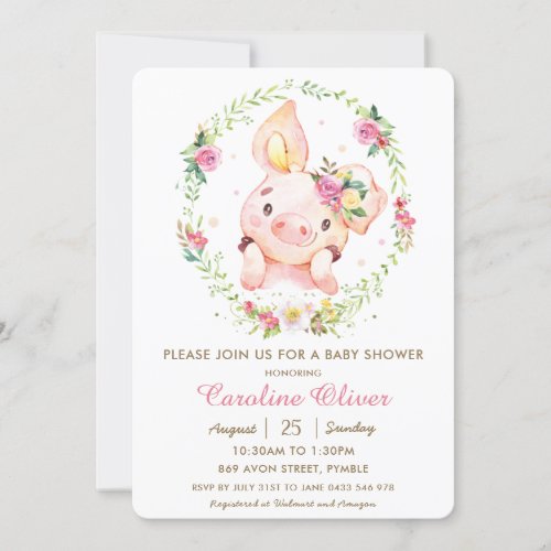 Cute Piggy Pink Floral Greenery Wreath Baby Shower Invitation