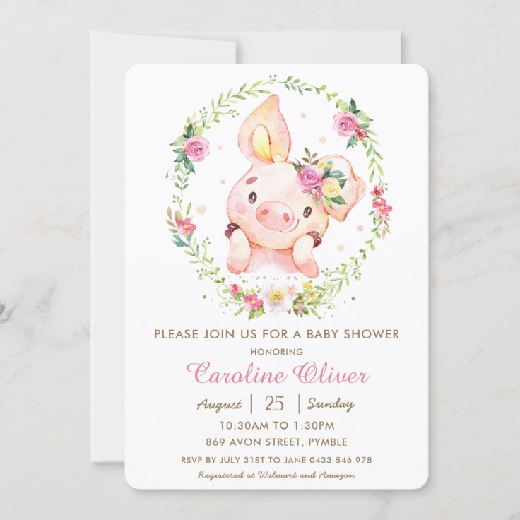 Cute Piggy Pink Floral Greenery Wreath Baby Shower Invitation | Zazzle