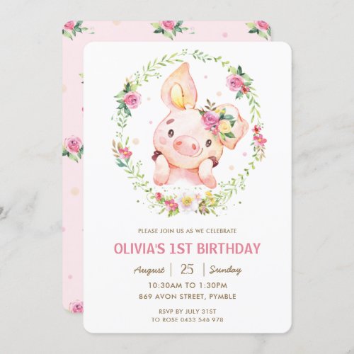 Cute Piggy Pink Floral Greenery Wreath Birthday  Invitation